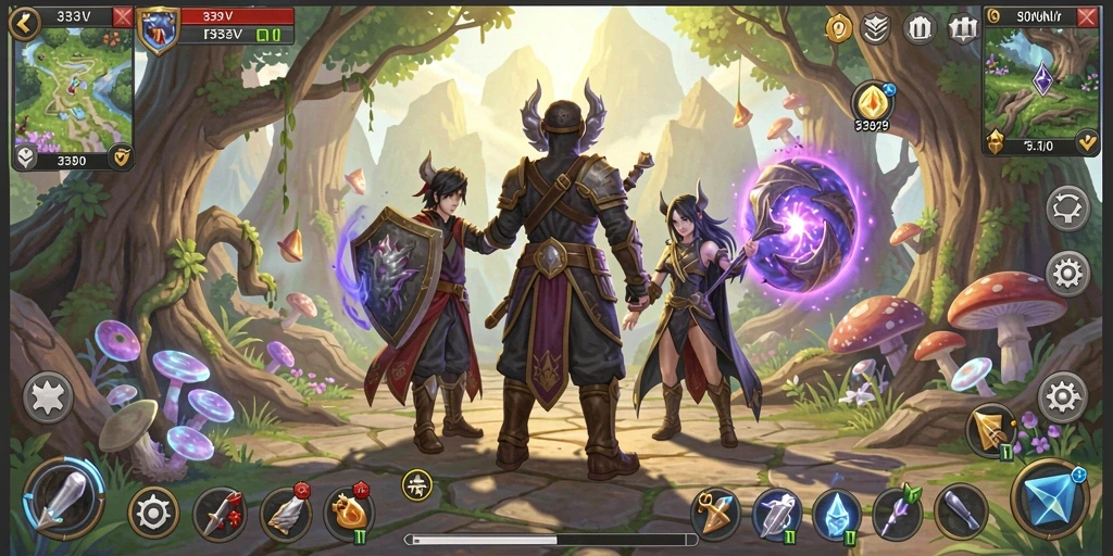 Screenshot utama 333V menampilkan pertempuran epik dalam game RPG.
