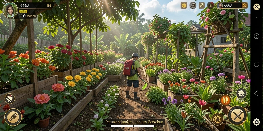 Tampilan gameplay yang menawan dalam 666J dengan latar pertanian yang indah.