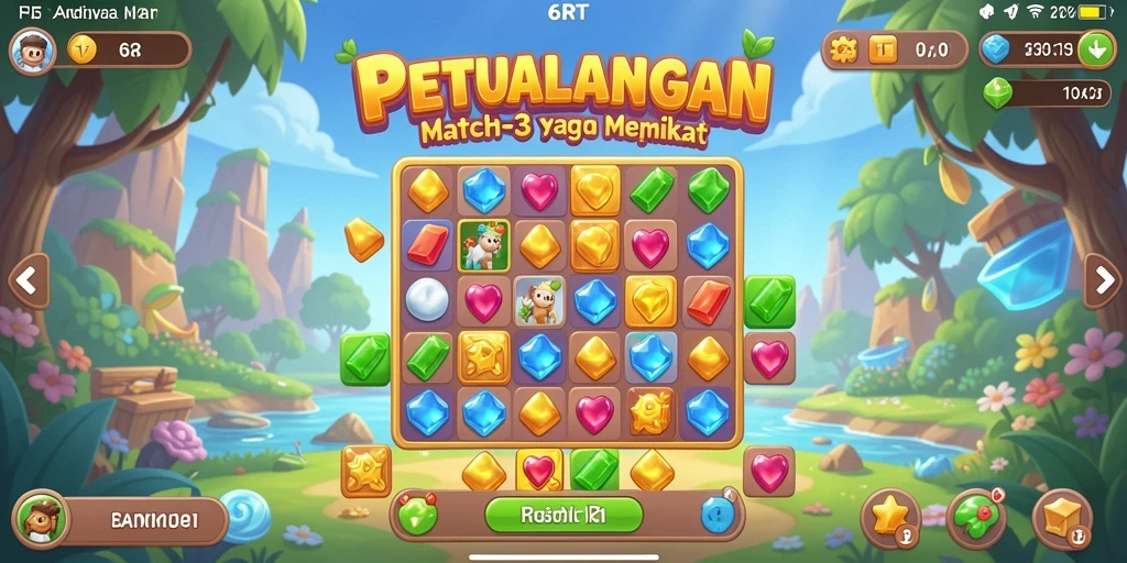 Tangkapan layar gameplay 6RT menunjukkan aksi mencocokkan permata yang seru.
