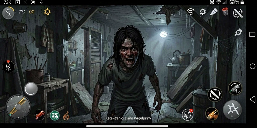 Screenshot menampilkan gameplay mencekam dalam 73K dengan suasana seram.