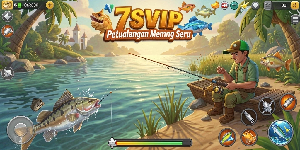 Tampilan gameplay 7SVIP yang memikat saat memancing ikan di sungai.
