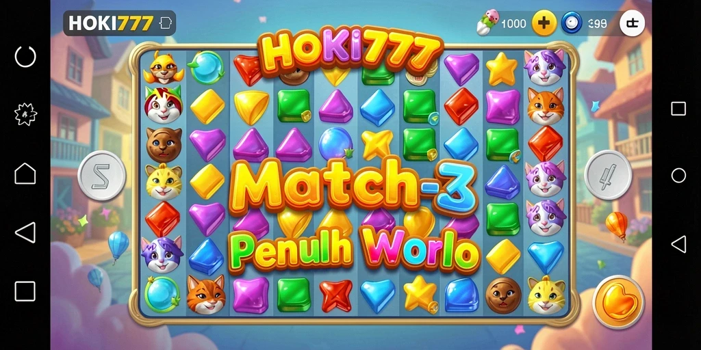 Screenshot HOKI777 menampilkan gameplay Match-3 yang cerah dan menarik.
