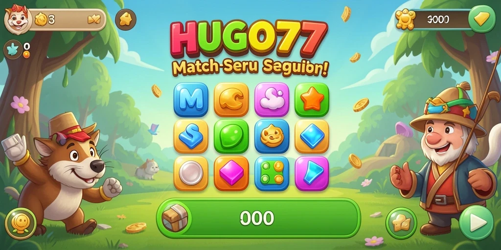 Tangkapan layar HUGO77 menampilkan gameplay Match-3 yang seru dan penuh warna.