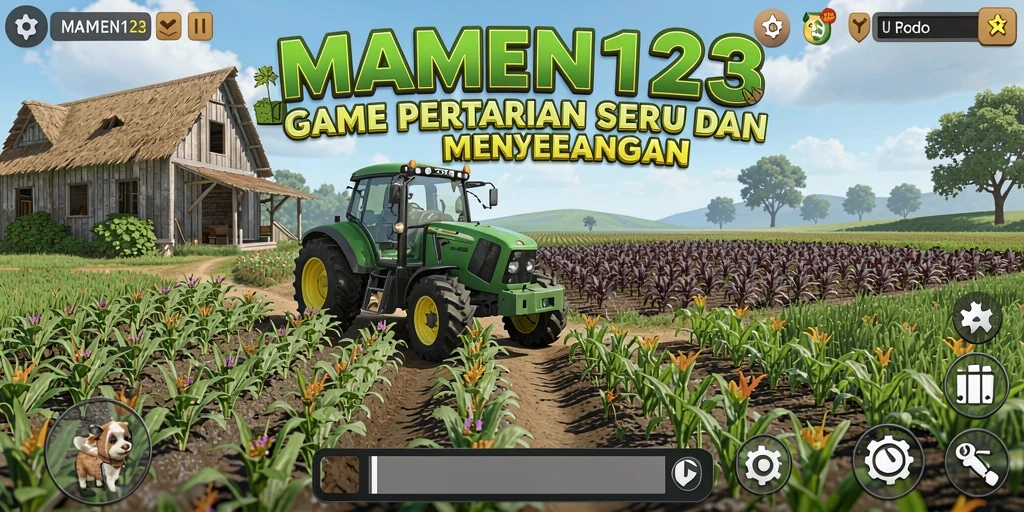 Screenshot MAMEN123 menampilkan lahan pertanian yang ramai dan penuh warna.