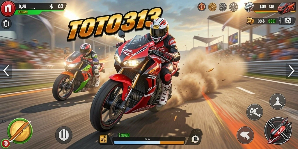 Screenshot gameplay TOTO313 menunjukkan kecepatan tinggi dalam balap motor.