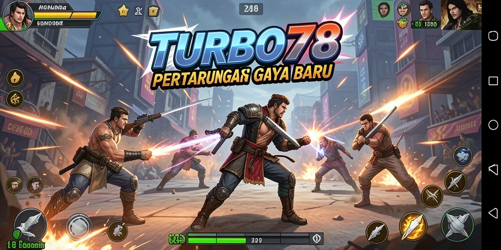 Screenshot utama TURBO78 menampilkan aksi pertarungan yang intens dan karakter yang dinamis.