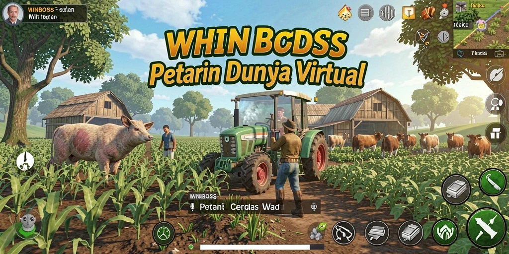 Tampilan gameplay WINBOSS yang menampilkan ladang yang indah dan tanaman subur.